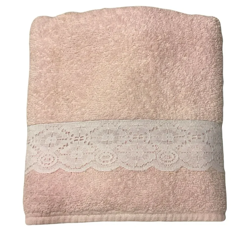 Vtg Cannon Bath Towel Pink Lace Trim Cotton Retro 70s Made In USA Solid